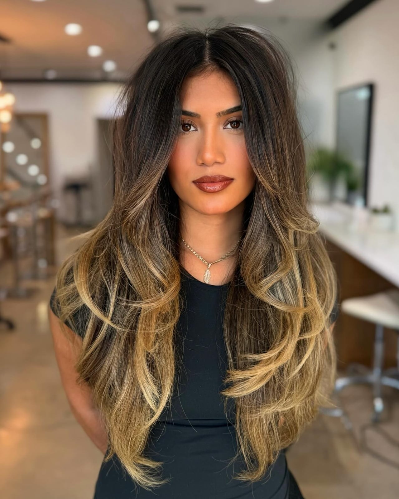 Mid-Back Dark Brown With Blonde Balayage — Classy Butterfly Hair