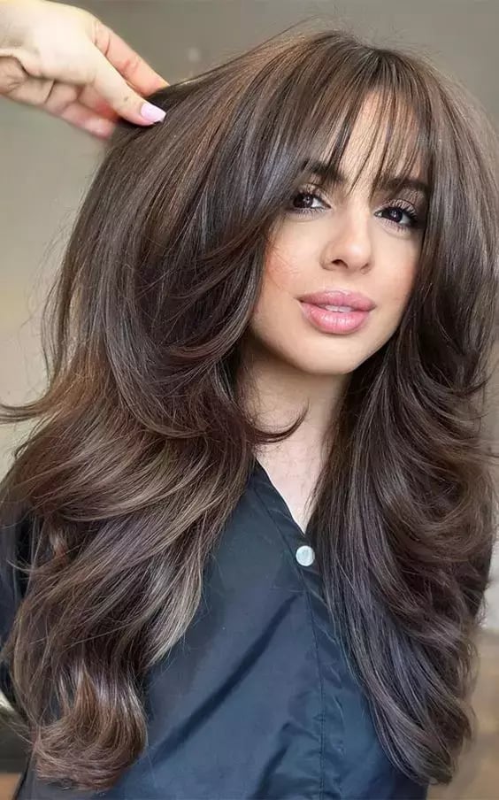 Mid-Back Dark Brown With Full Bangs — Classy Butterfly Hair