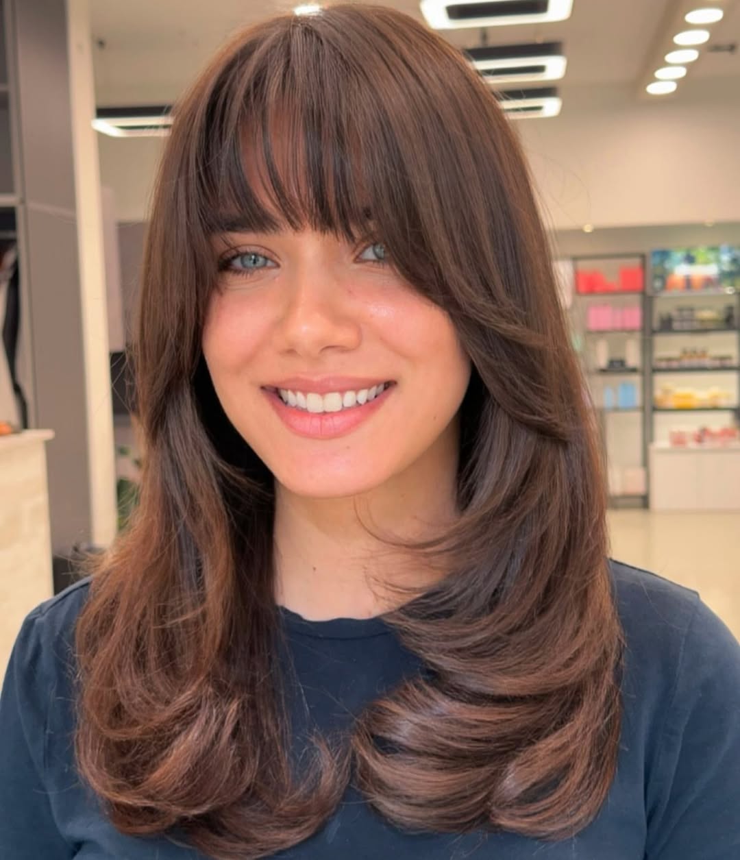 Mid-Back Dark Brown With Full Bangs and Especially Around The Face — Classy Butterfly Hair