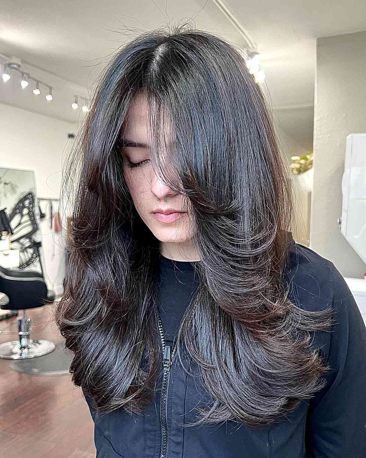 Mid-Back Dark Brown Feathered Layers — Classy Butterfly Hair