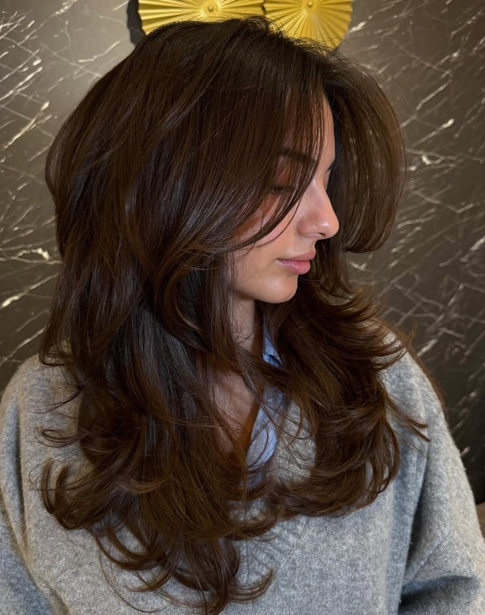 Mid-Back Dark Brown With Curtain Bangs and Parted In The Middle — Classy Butterfly Hair