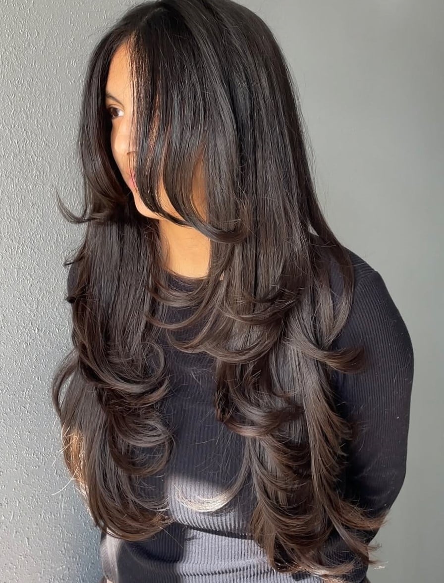 Long Dark Brown Butterfly Cut With Soft Bangs — Classy Butterfly Hair