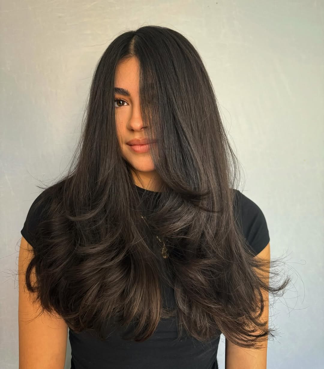 Long Dark Brown Butterfly With Side Swept Bangs — Classy Butterfly Haircut