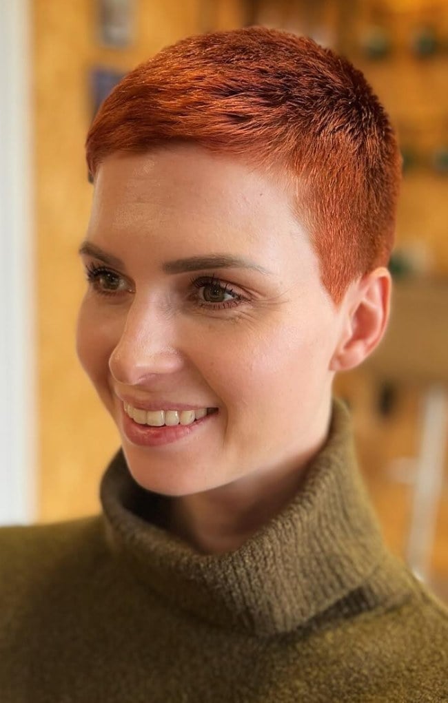 Copper Buzz Cut With Green Turtleneck Copper Buzz Cut With Green Turtleneck — Classy Buzz Cut