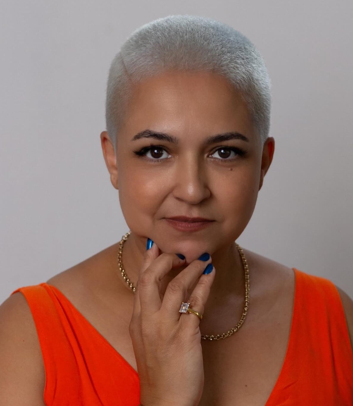 Gray Buzz Cut With Orange Sleeveless Top Gray Buzz Cut With Orange Sleeveless Top — Classy Buzz Cut