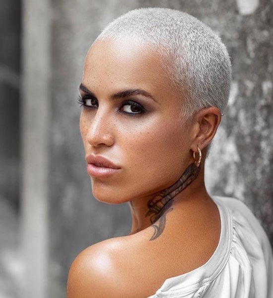 Silver Buzz Cut With White Top And Gold Earring Silver Buzz Cut With White Top And Gold Earring — Classy Buzz Cut