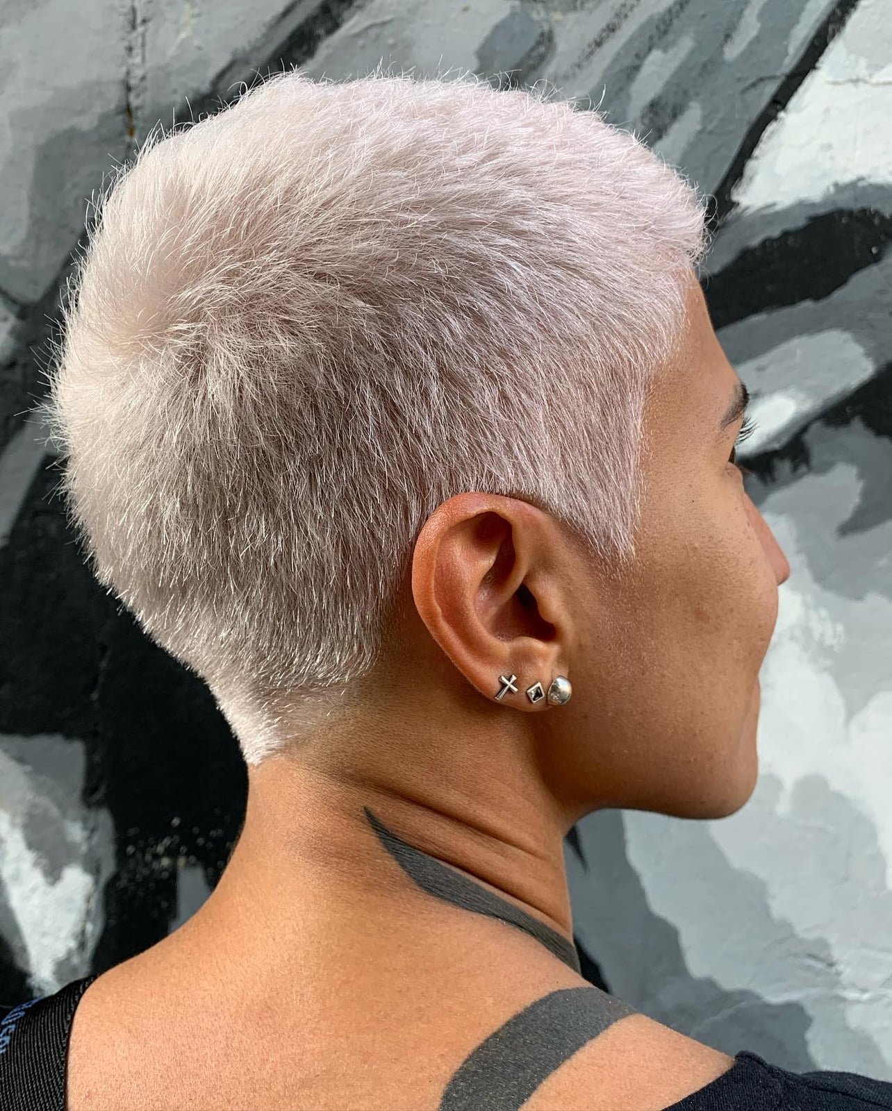 Ash Blonde Pixie Cut With Stud Earrings Ash Blonde Pixie Cut With Stud Earrings — Classy Buzz Cut