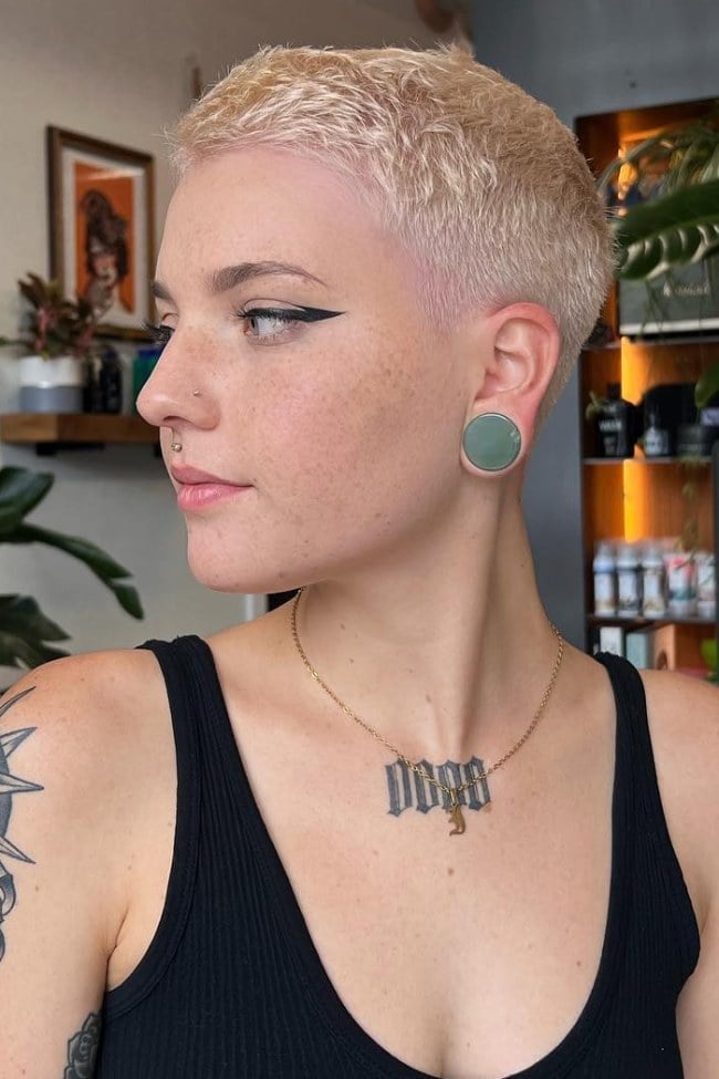 Textured Blonde Buzz Cut With Black Tank Textured Blonde Buzz Cut With Black Tank — Classy Buzz Cut