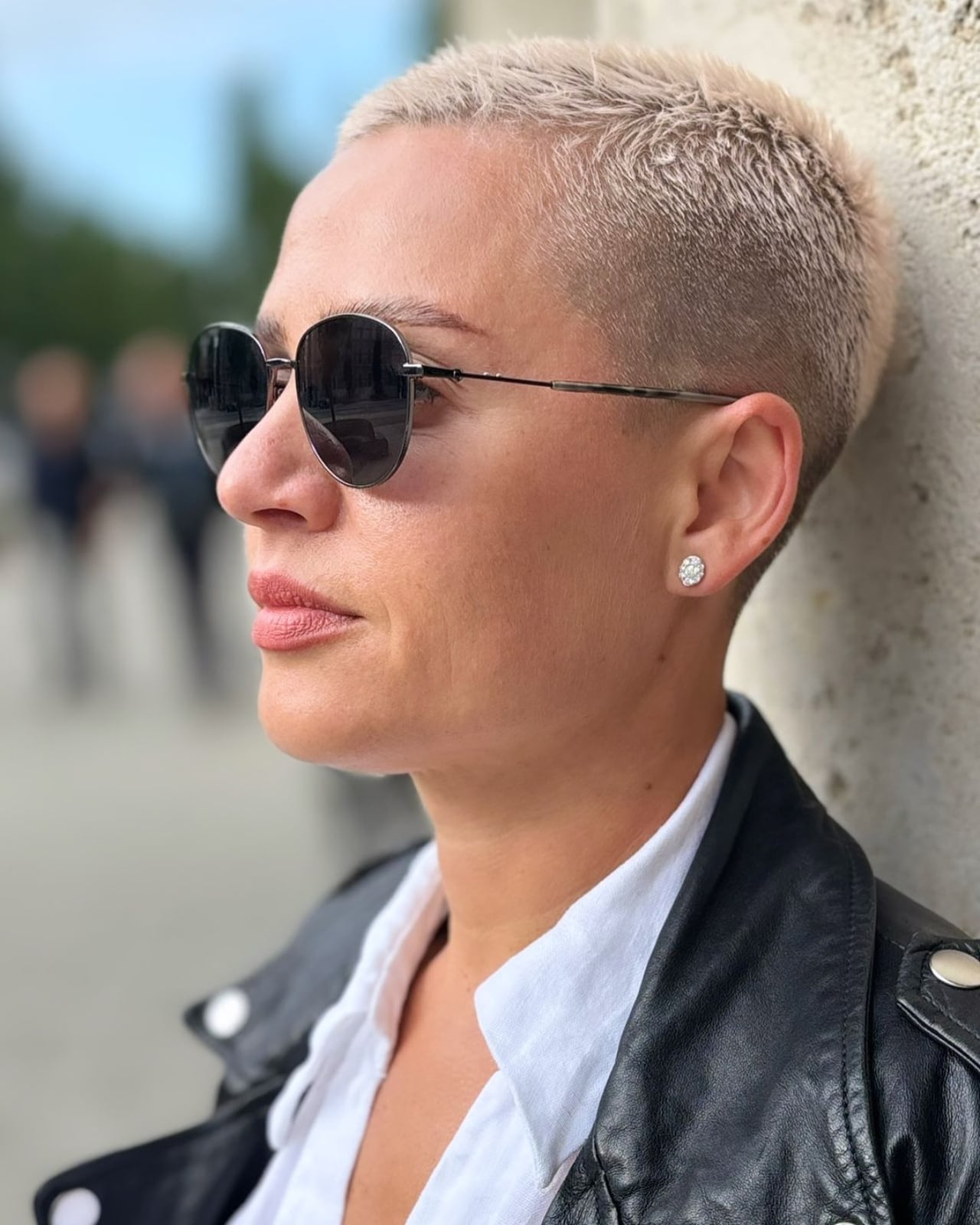 Platinum Buzz Cut With Leather Jacket Platinum Buzz Cut With Leather Jacket — Classy Buzz Cut