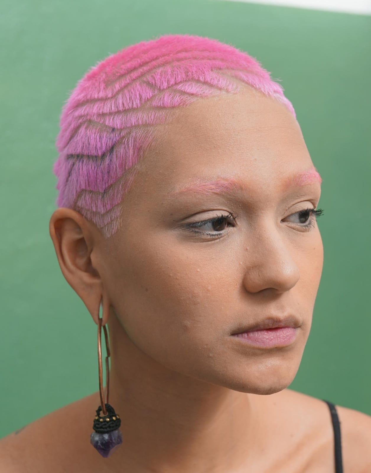 Pink Buzz Cut With Black Tank And Hoop Earrings Pink Buzz Cut With Black Tank And Hoop Earrings — Classy Buzz Cut