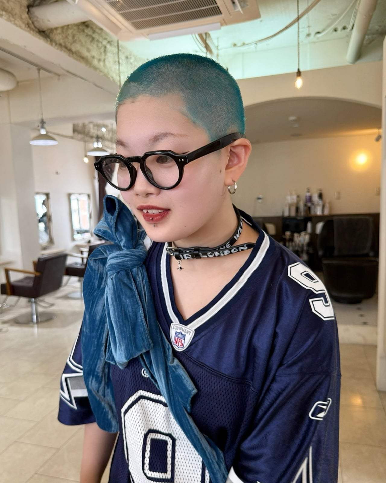 Teal Buzz Cut With Sports Jersey And Scarf Teal Buzz Cut With Sports Jersey And Scarf — Classy Buzz Cut