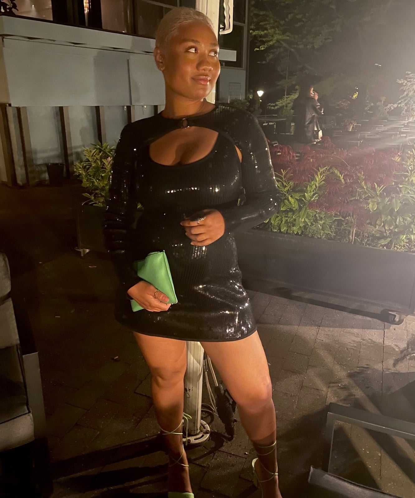 Buzz Cut With Sequined Dress And Leather Jacket and Strappy Sandals Buzz Cut With Sequined Dress And Leather Jacket and Strappy Sandals — Classy Buzz Cut