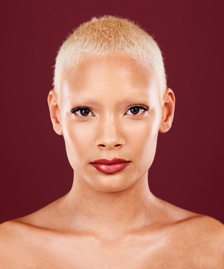 Platinum Buzz Cut With Dark Lips Platinum Buzz Cut With Dark Lips — Classy Buzz Cut