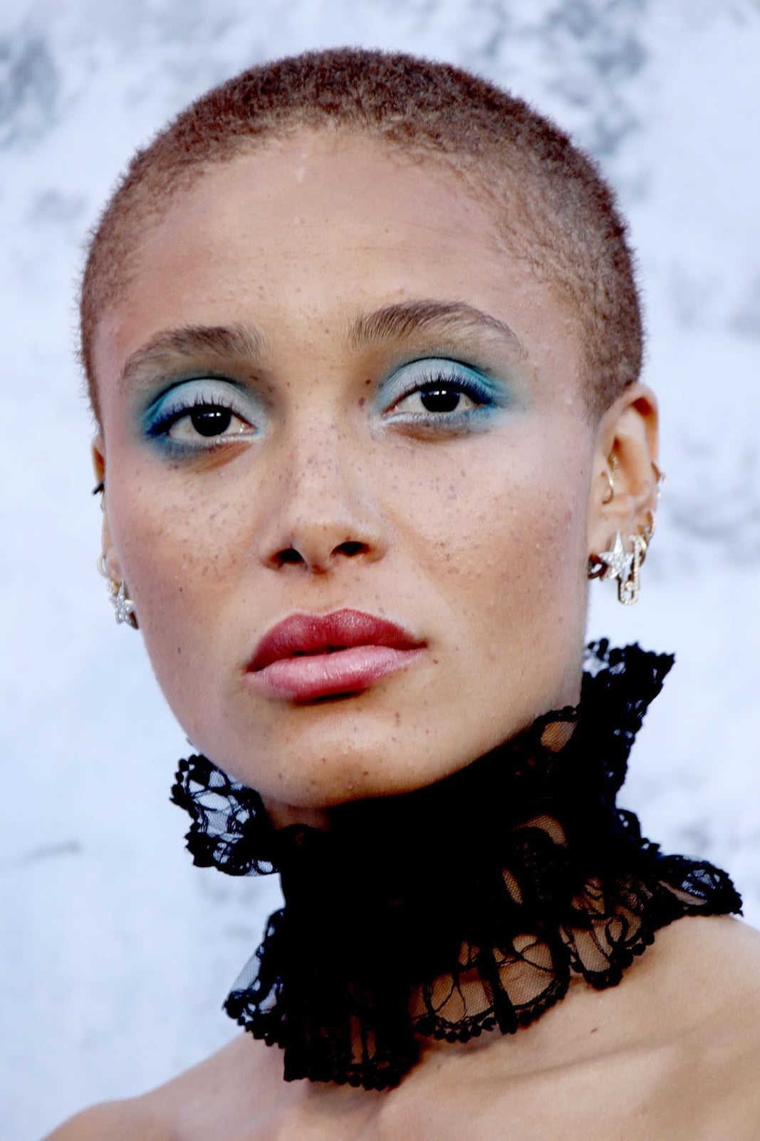 Buzz Cut With Blue Eyeshadow and Lace Collar Buzz Cut With Blue Eyeshadow and Lace Collar — Classy Buzz Cut