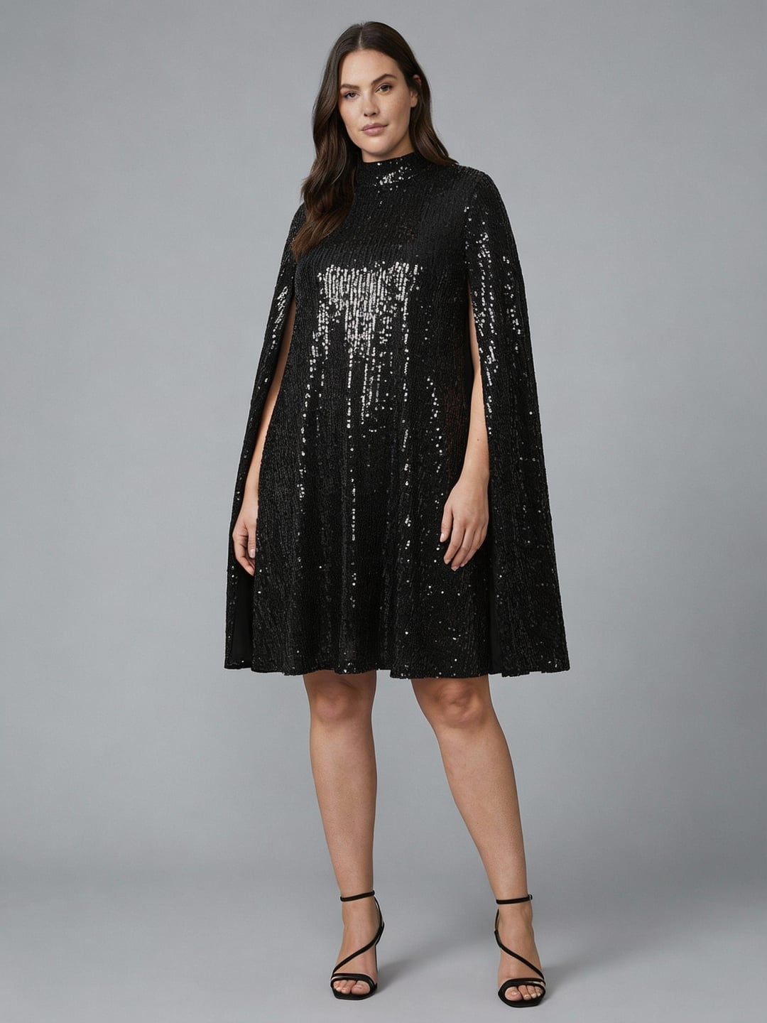 Black Sequin Dress With Cape Sleeves Black Sequin Dress With Cape Sleeves — Classy Cape Outfits