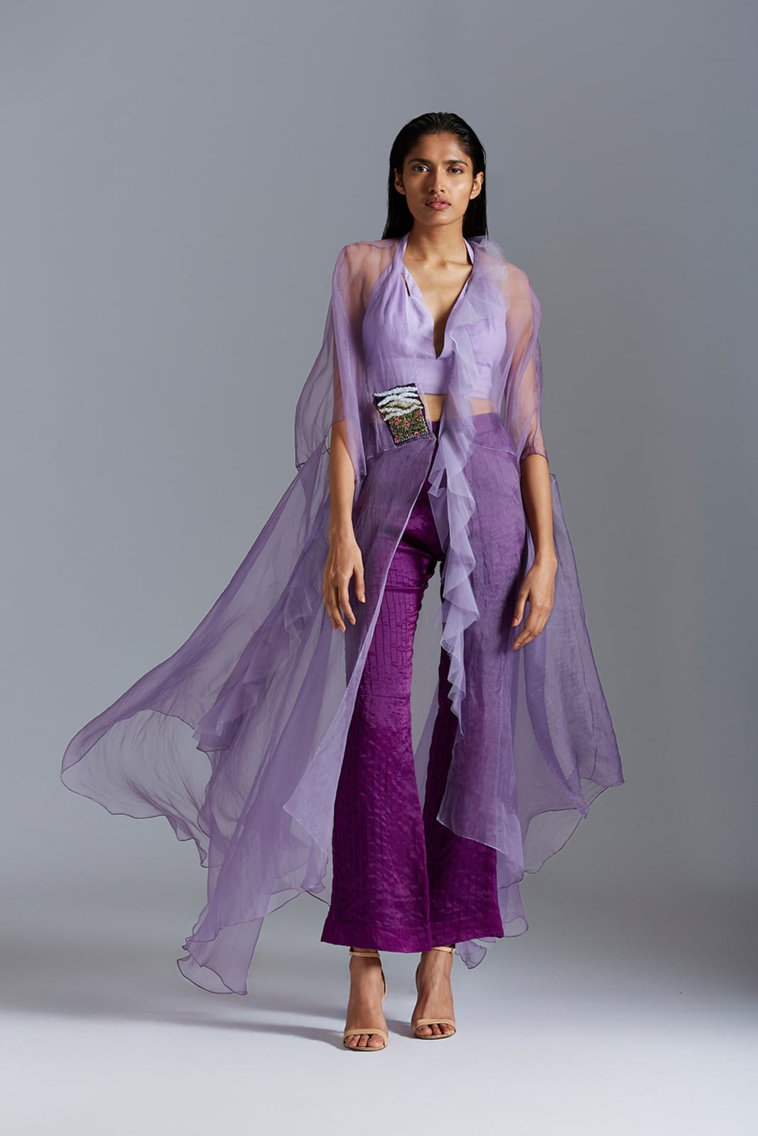 Purple Ensemble With Sheer Cape Overlay and Belt Purple Ensemble With Sheer Cape Overlay and Belt — Classy Cape Outfits