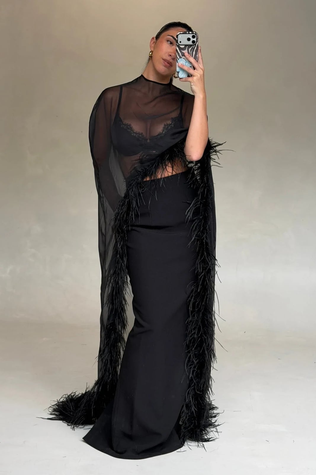 Black Feather Trim Cape Over Lace Bra and Skirt Black Feather Trim Cape Over Lace Bra and Skirt — Classy Cape Outfits