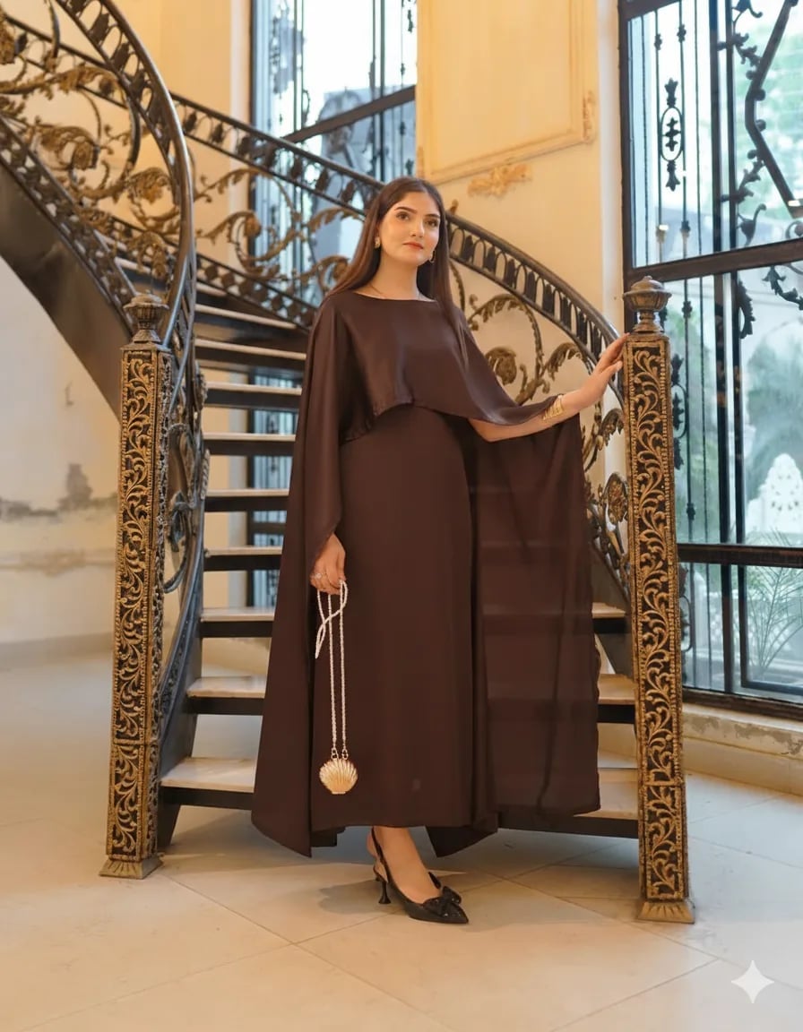 Deep Brown Column Gown With Flowing Cape Deep Brown Column Gown With Flowing Cape — Classy Cape Outfits