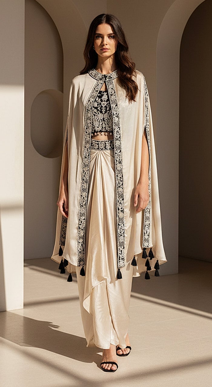 Embroidered Cream Cape With Tassels Over Satin Skirt Embroidered Cream Cape With Tassels Over Satin Skirt — Classy Cape Outfits