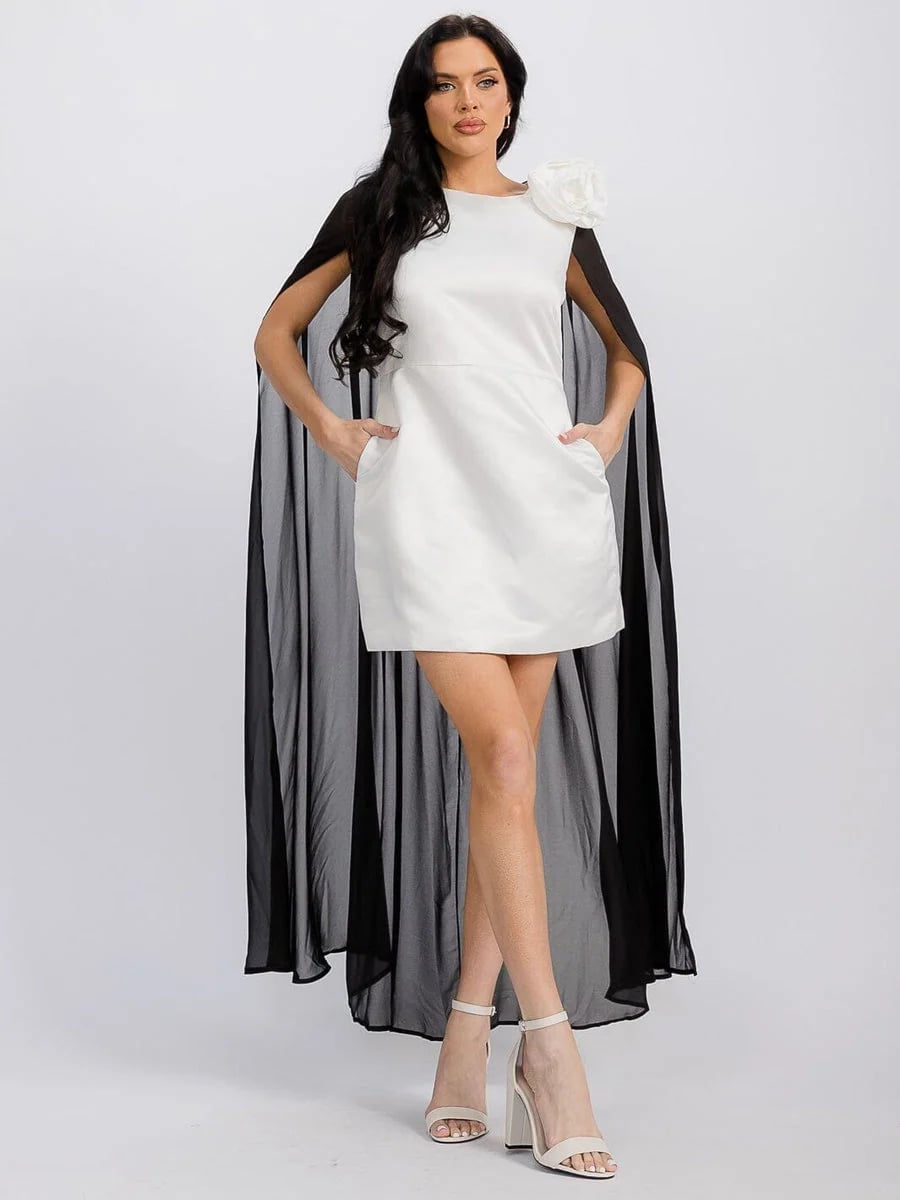 White Mini Dress With Black Sheer Cape and Fabric Flower White Mini Dress With Black Sheer Cape and Fabric Flower — Classy Cape Outfits