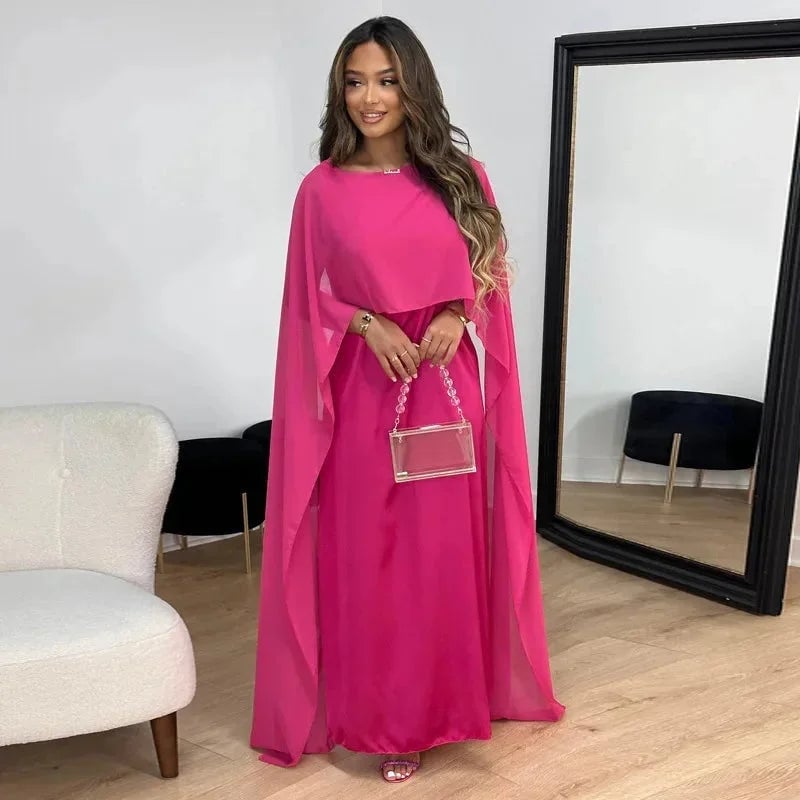 Hot Pink Cape Dress With Flowing Sheer Overlay Hot Pink Cape Dress With Flowing Sheer Overlay — Classy Cape Outfits