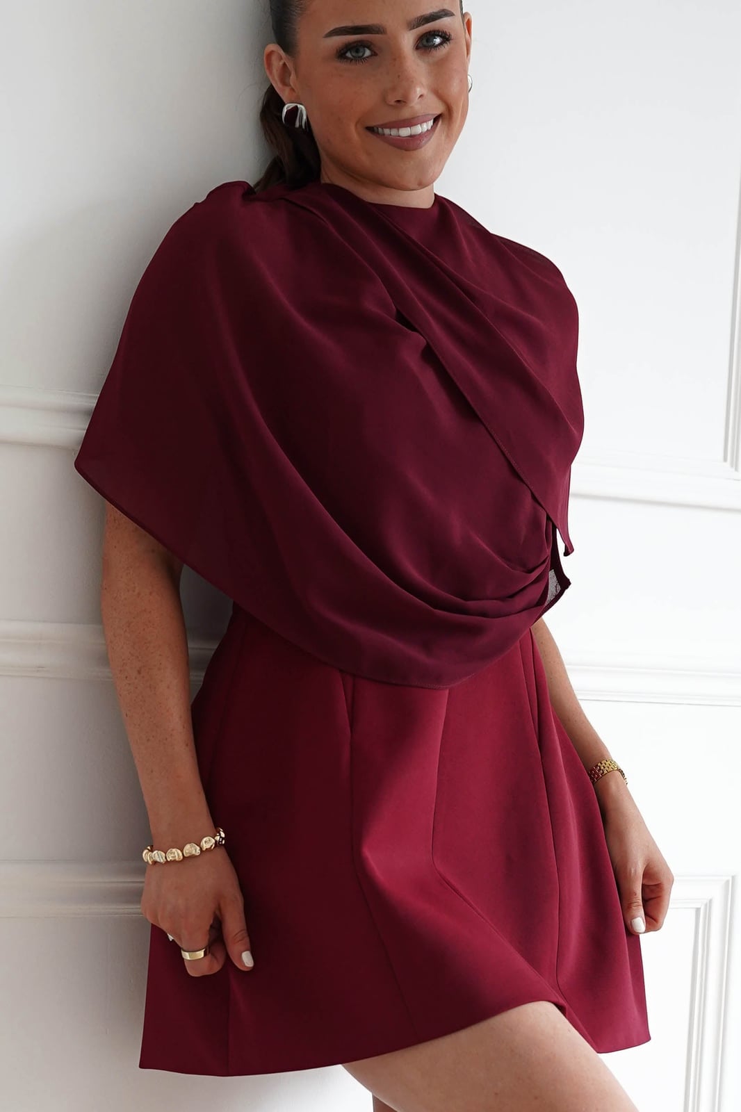 Wine Draped Cape With Cowl Neckline Over A-line Skirt Wine Draped Cape With Cowl Neckline Over A-line Skirt — Classy Cape Outfits