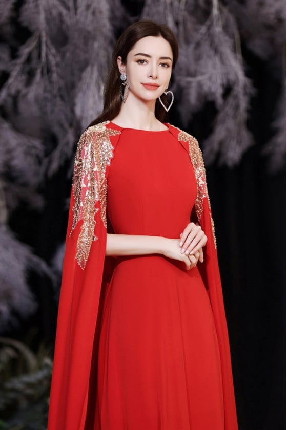 Red Dress With Embellished Cape Shoulders Red Dress With Embellished Cape Shoulders — Classy Cape Outfits