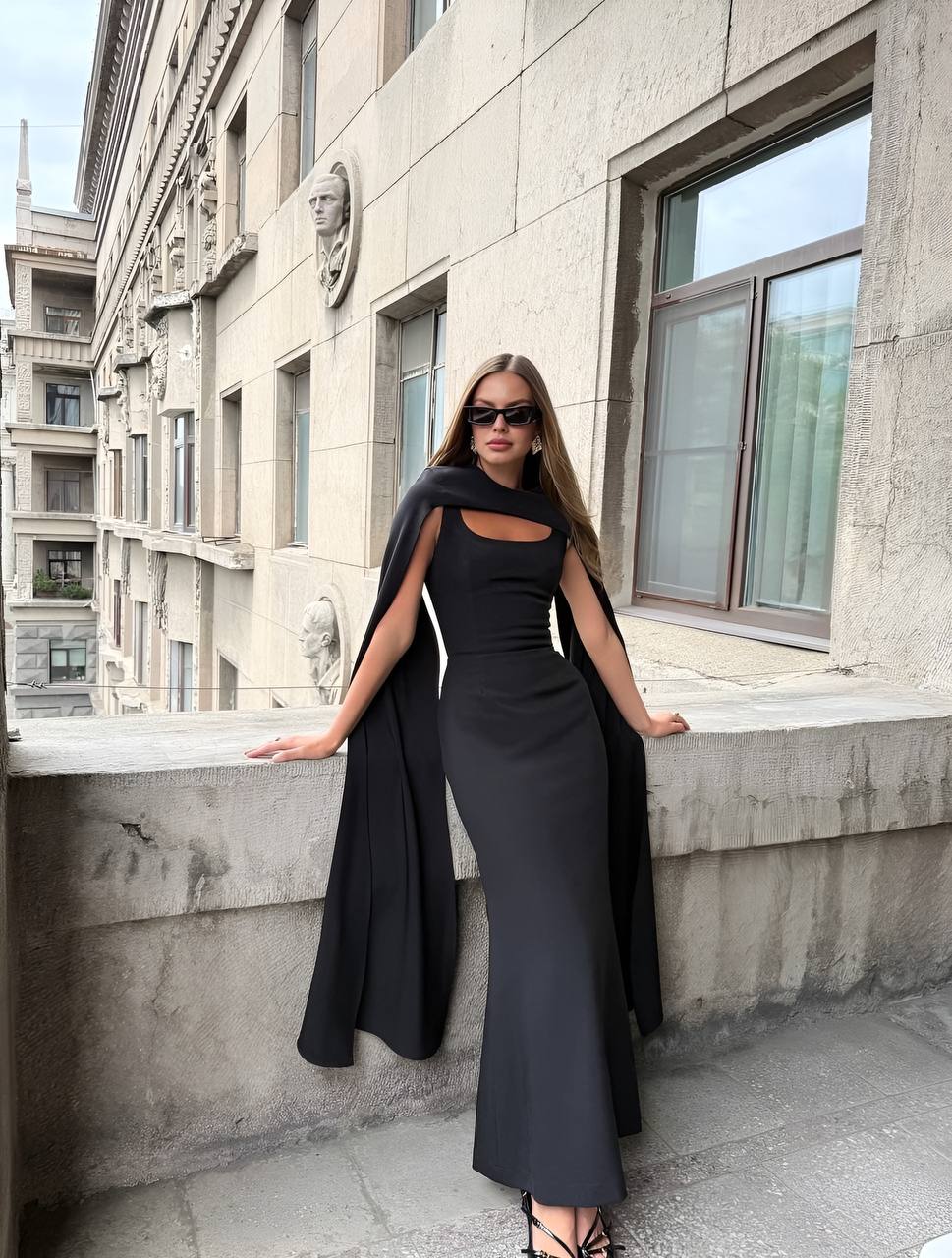 Sleek Black Dress With Integrated Dramatic Cape Sleek Black Dress With Integrated Dramatic Cape — Classy Cape Outfits