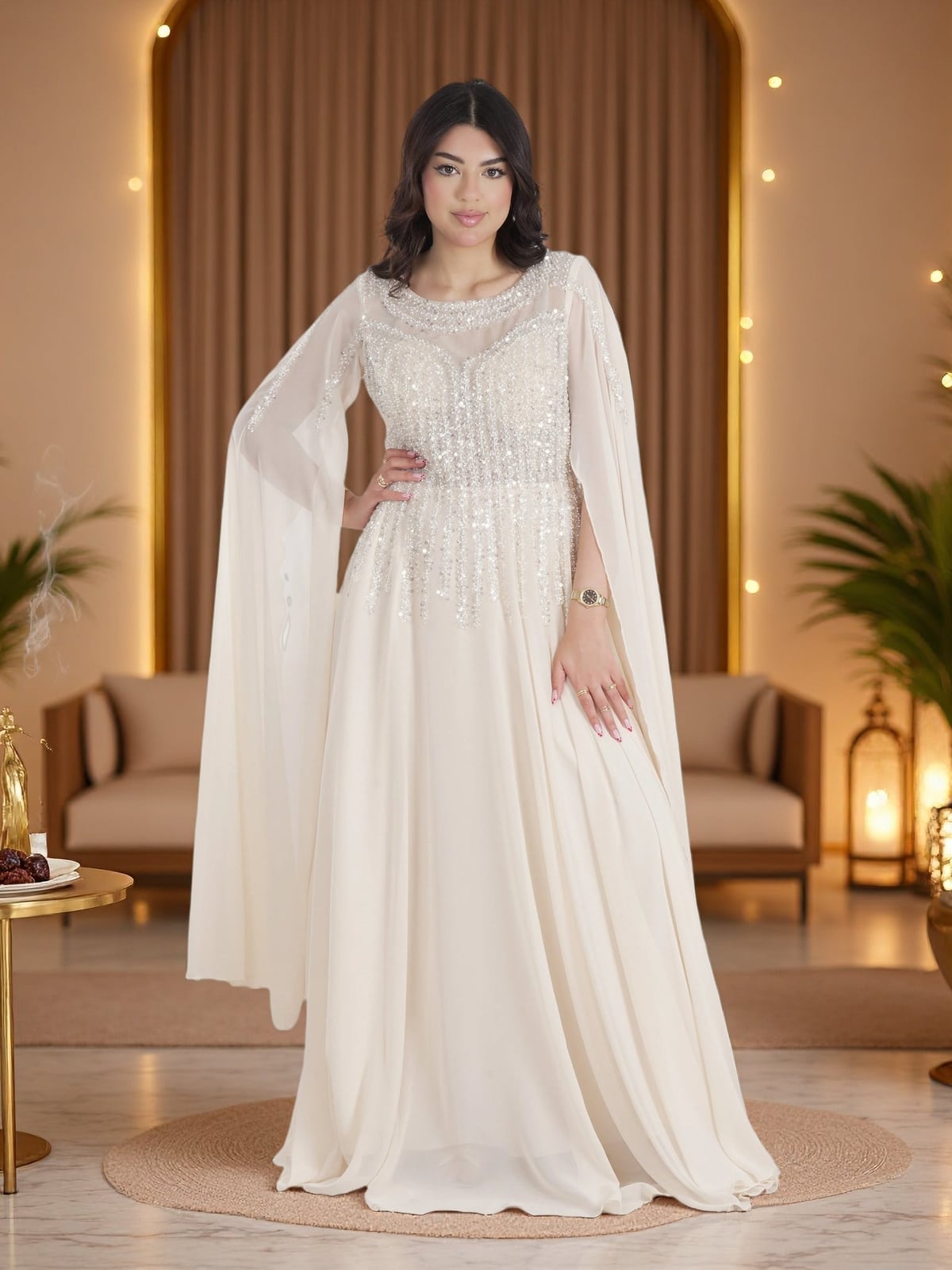 Ivory Chiffon Maxi Gown With Beaded Bodice and Cape Sleeves Ivory Chiffon Maxi Gown With Beaded Bodice and Cape Sleeves — Classy Cape Outfits