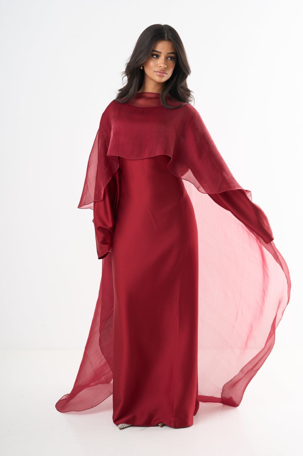 Vibrant Red Satin Cape Dress With Draped Elements Vibrant Red Satin Cape Dress With Draped Elements — Classy Cape Outfits