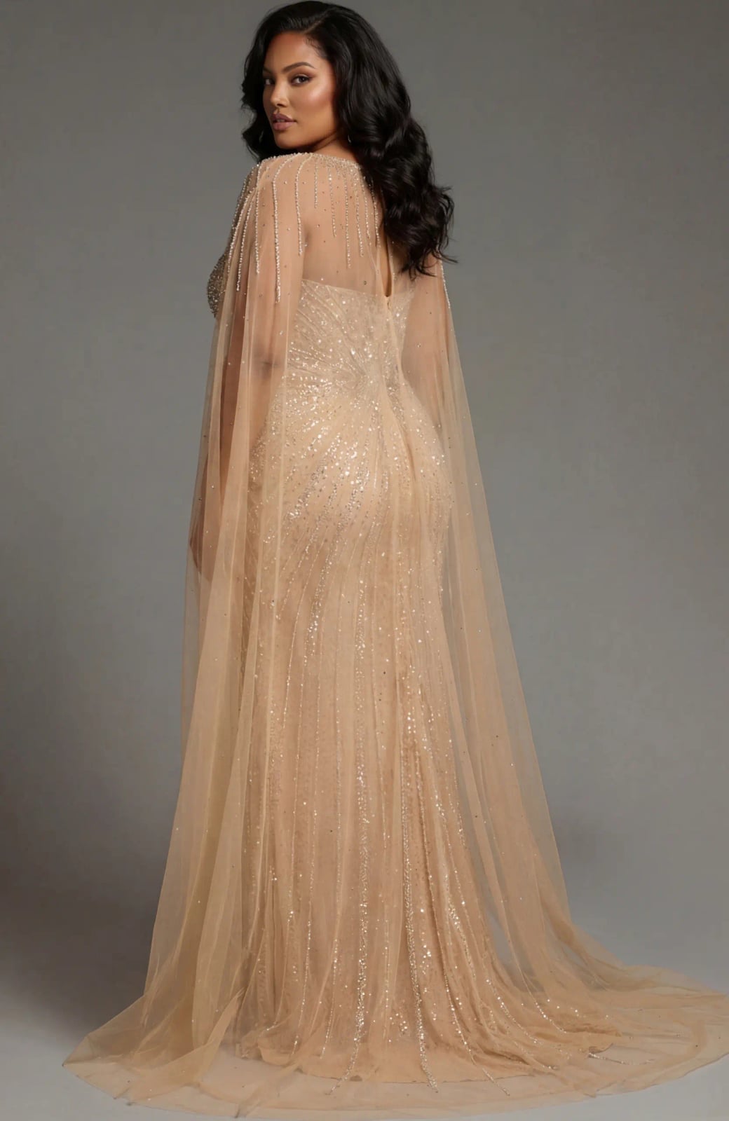 Champagne Sequined Gown With Embellished Sheer Cape Champagne Sequined Gown With Embellished Sheer Cape — Classy Cape Outfits