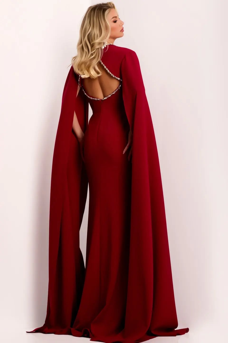 Rich Red Cape Gown With Crystal Embellished Back Rich Red Cape Gown With Crystal Embellished Back — Classy Cape Outfits