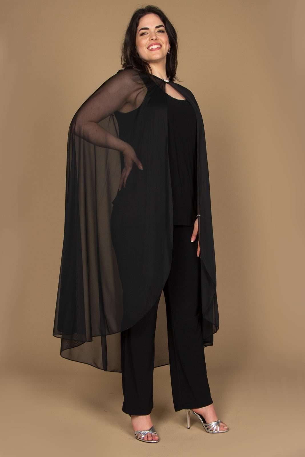 Black Ensemble With Sheer Chiffon Cape Black Ensemble With Sheer Chiffon Cape — Classy Cape Outfits