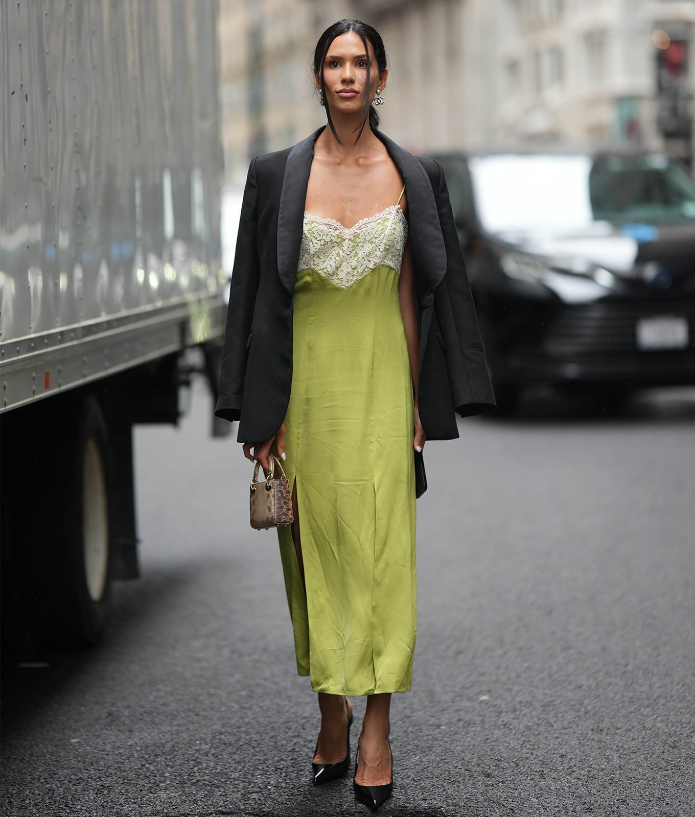 Lime Green Slip Dress with Black Blazer and Leopard Bag Lime Green Slip Dress with Black Blazer and Leopard Bag — Classy Casual Date Night Outfit