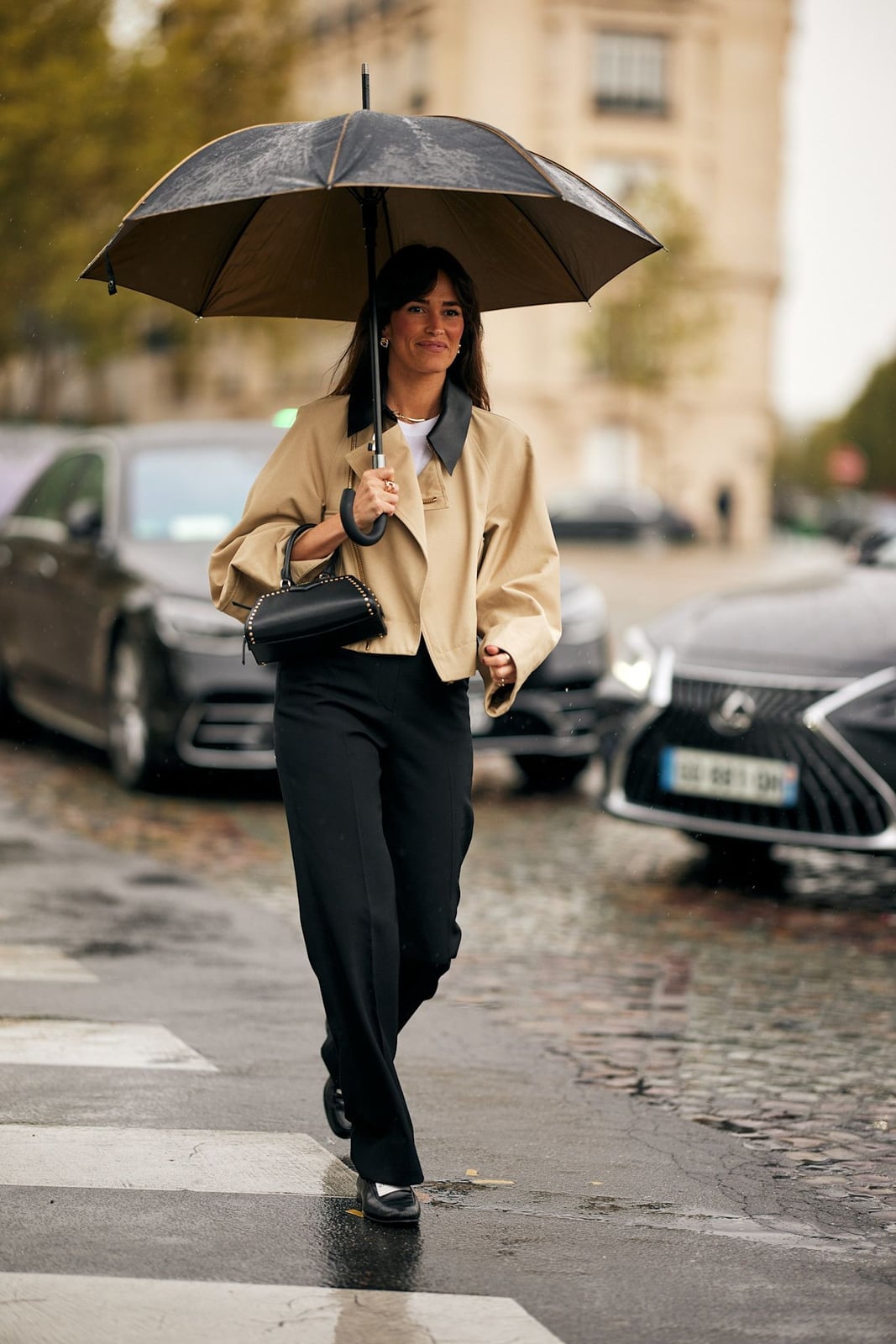 Beige Cropped Jacket with White T-Shirt and Black Wide-Leg Trousers Beige Cropped Jacket with White T-Shirt and Black Wide-Leg Trousers — Classy Casual Date Night Outfit