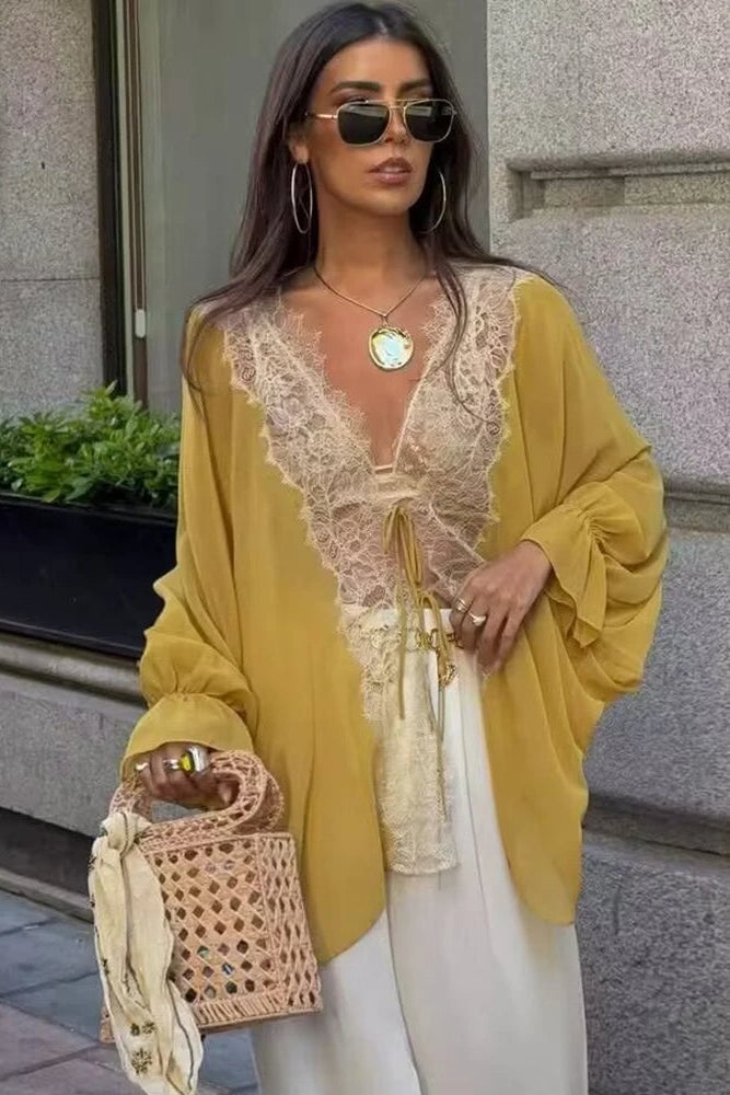 Sheer Yellow Chiffon Blouse with White Wide-Leg Pants Sheer Yellow Chiffon Blouse with White Wide-Leg Pants — Classy Casual Date Night Outfit