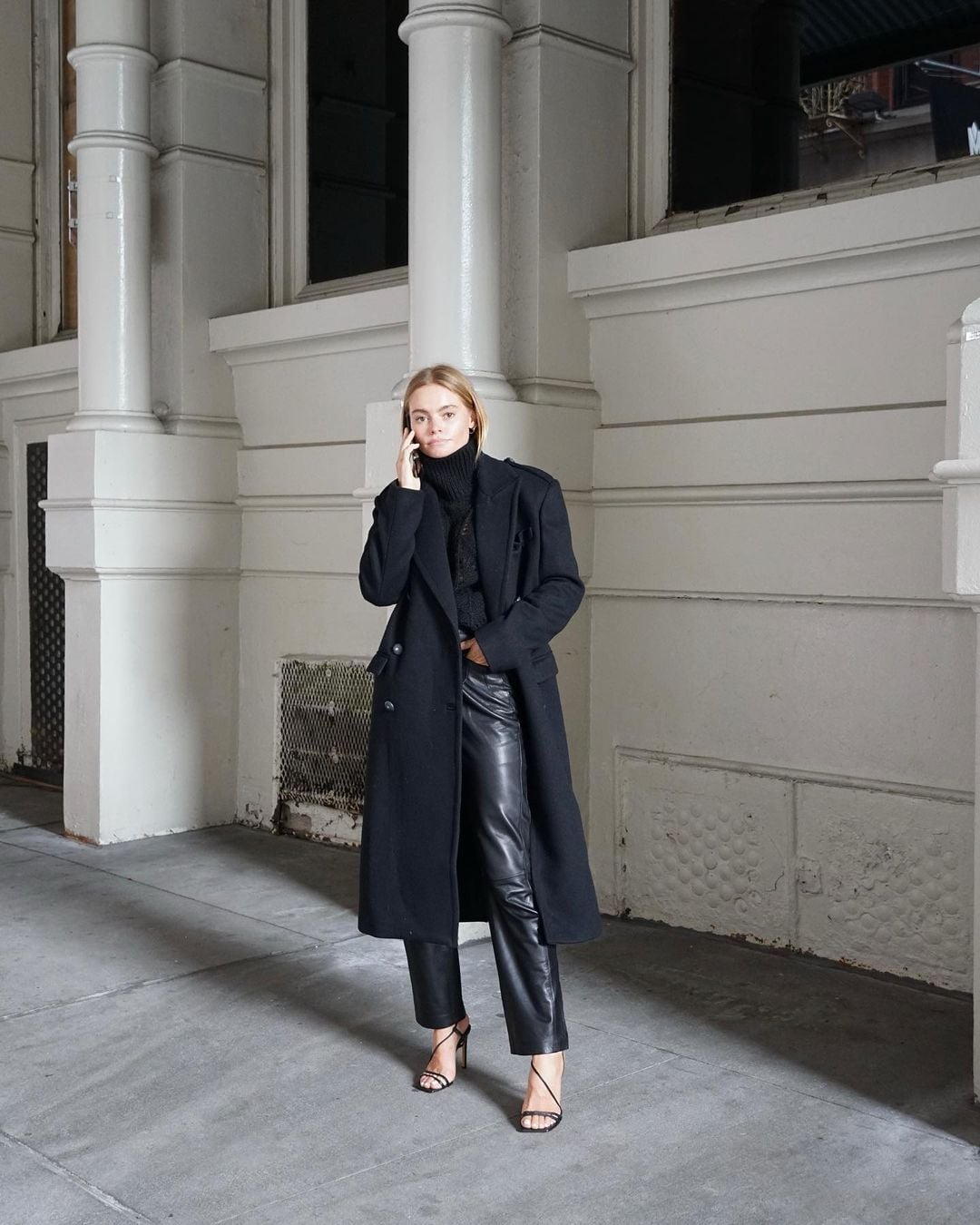Black Wool Overcoat, Turtleneck, and Leather Pants Black Wool Overcoat, Turtleneck, and Leather Pants — Classy Casual Date Night Outfit