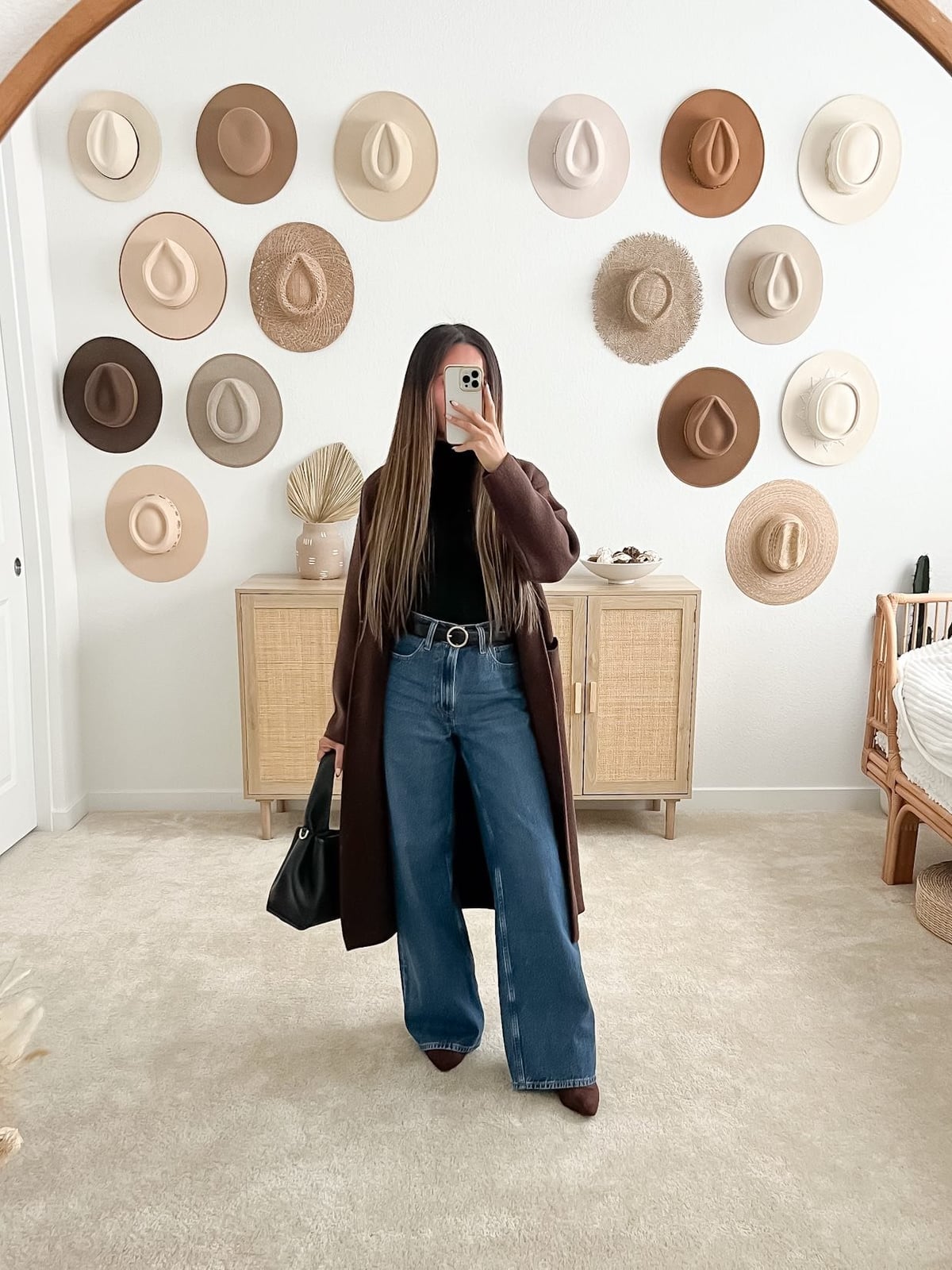 Brown Coat and Black Turtleneck with Dark Wash Wide-Leg Jeans Brown Coat and Black Turtleneck with Dark Wash Wide-Leg Jeans — Classy Casual Date Night Outfit