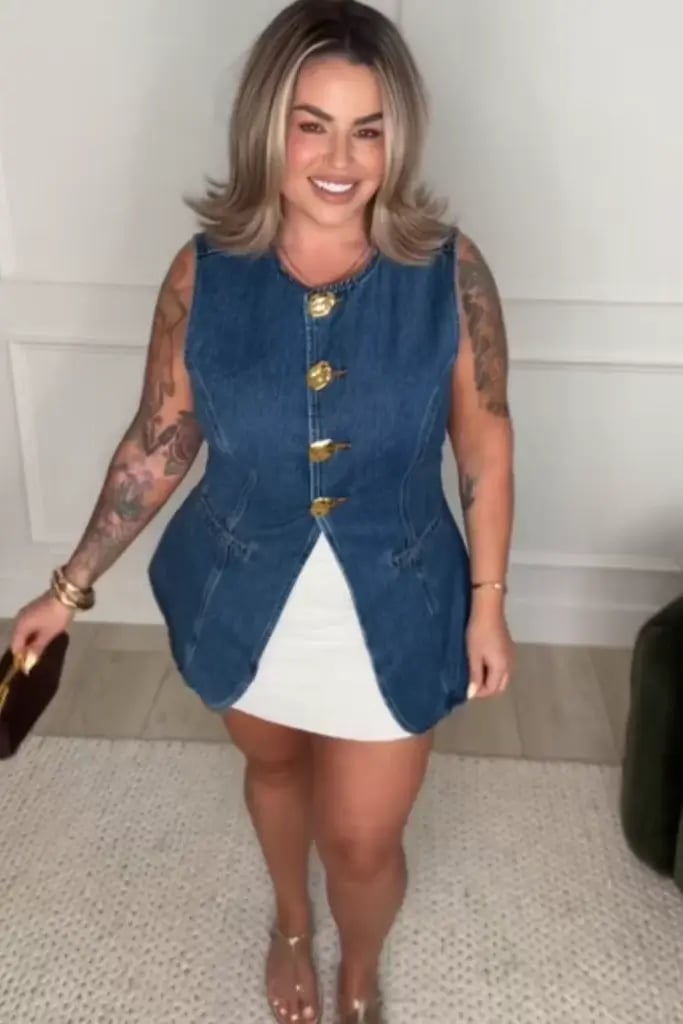 Blue Denim Vest Over White Mini Dress with Metallic Heels Blue Denim Vest Over White Mini Dress with Metallic Heels — Classy Casual Date Night Outfit
