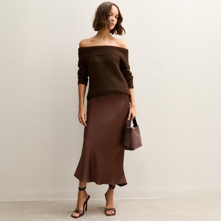 Brown Off-The-Shoulder Knit Sweater with Satin A-line Skirt Brown Off-The-Shoulder Knit Sweater with Satin A-line Skirt — Classy Casual Date Night Outfit
