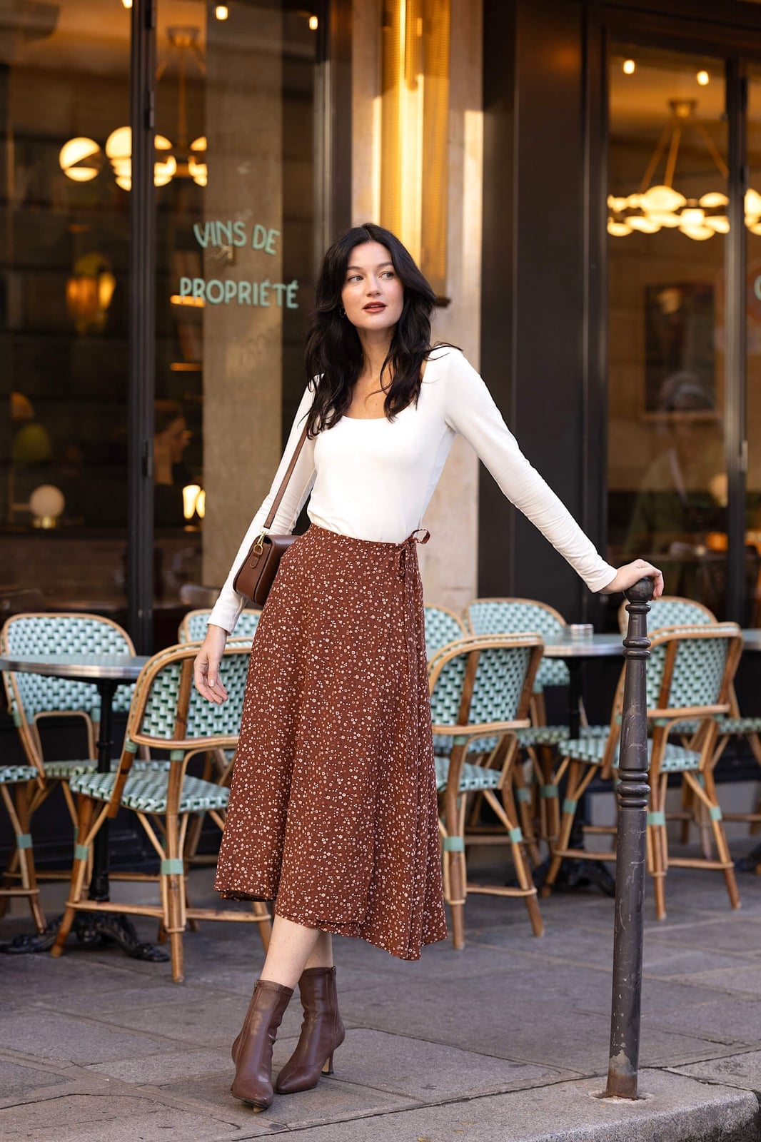 White Long-Sleeve Top with Floral Print Midi Skirt White Long-Sleeve Top with Floral Print Midi Skirt — Classy Casual Date Night Outfit