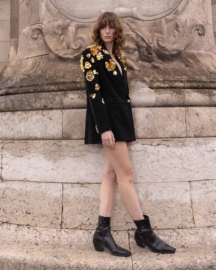 Black Oversized Blazer with Gold Embellishments as a Dress Black Oversized Blazer with Gold Embellishments as a Dress — Classy Casual Date Night Outfit