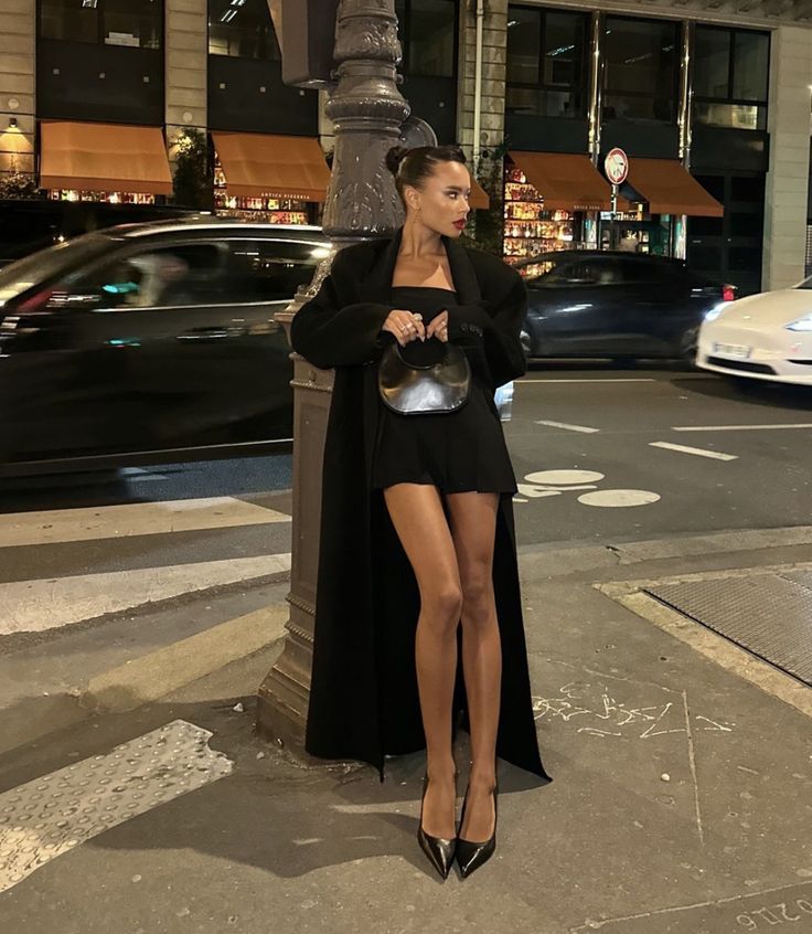 Black Longline Coat Over a Mini Dress or Romper Black Longline Coat Over a Mini Dress or Romper — Classy Casual Date Night Outfit