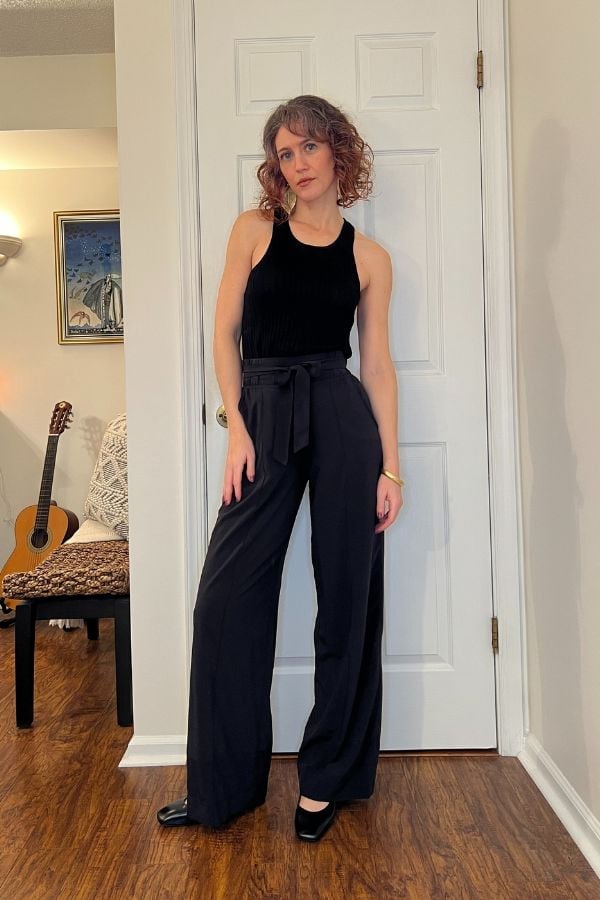 Black Velvet Sleeveless Top with Wide-Leg Crepe Trousers Black Velvet Sleeveless Top with Wide-Leg Crepe Trousers — Classy Casual Date Night Outfit