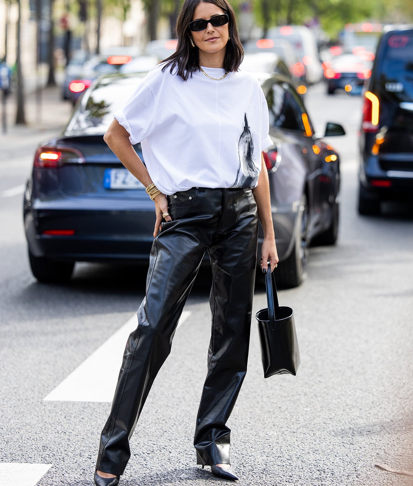 Black Leather Wide-Leg Pants with White Graphic T-Shirt Black Leather Wide-Leg Pants with White Graphic T-Shirt — Classy Casual Date Night Outfit