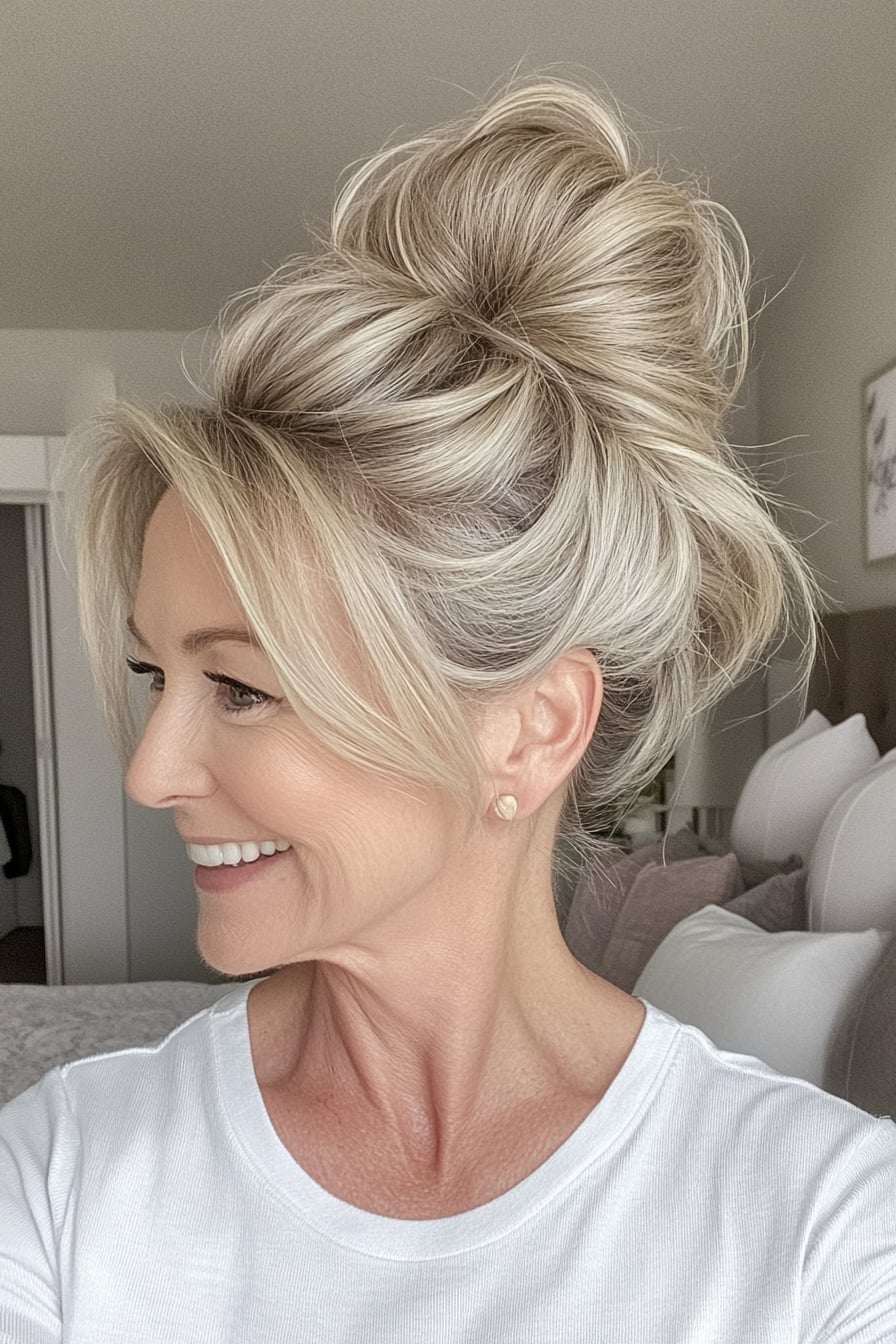 Voluminous Messy High Bun With Face-Framing Pieces Voluminous Messy High Bun With Face-Framing Pieces — Classy Casual Updo