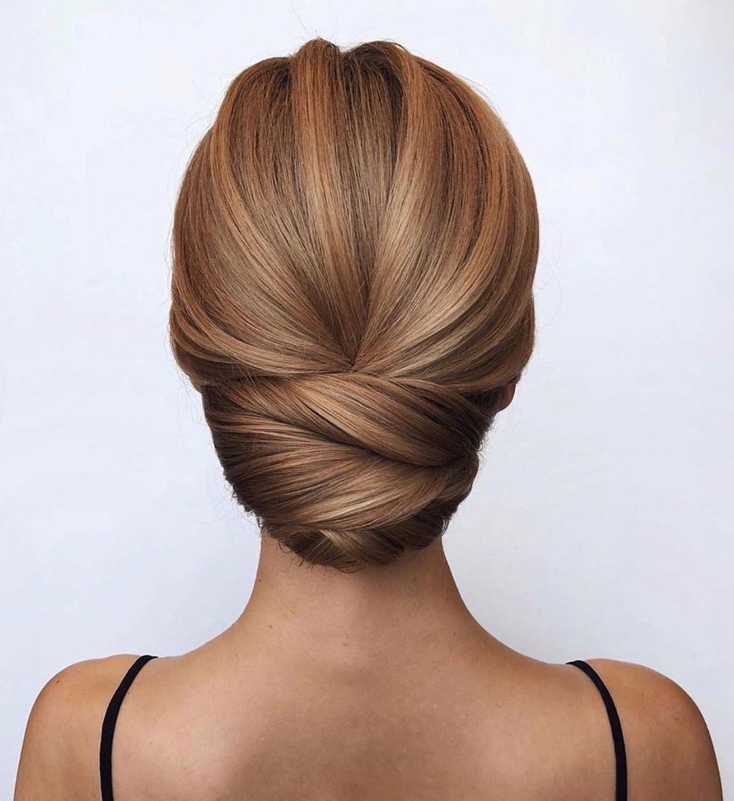 Sleek Low Bun With Medium Brown Golden Highlights Sleek Low Bun With Medium Brown Golden Highlights — Classy Casual Updo