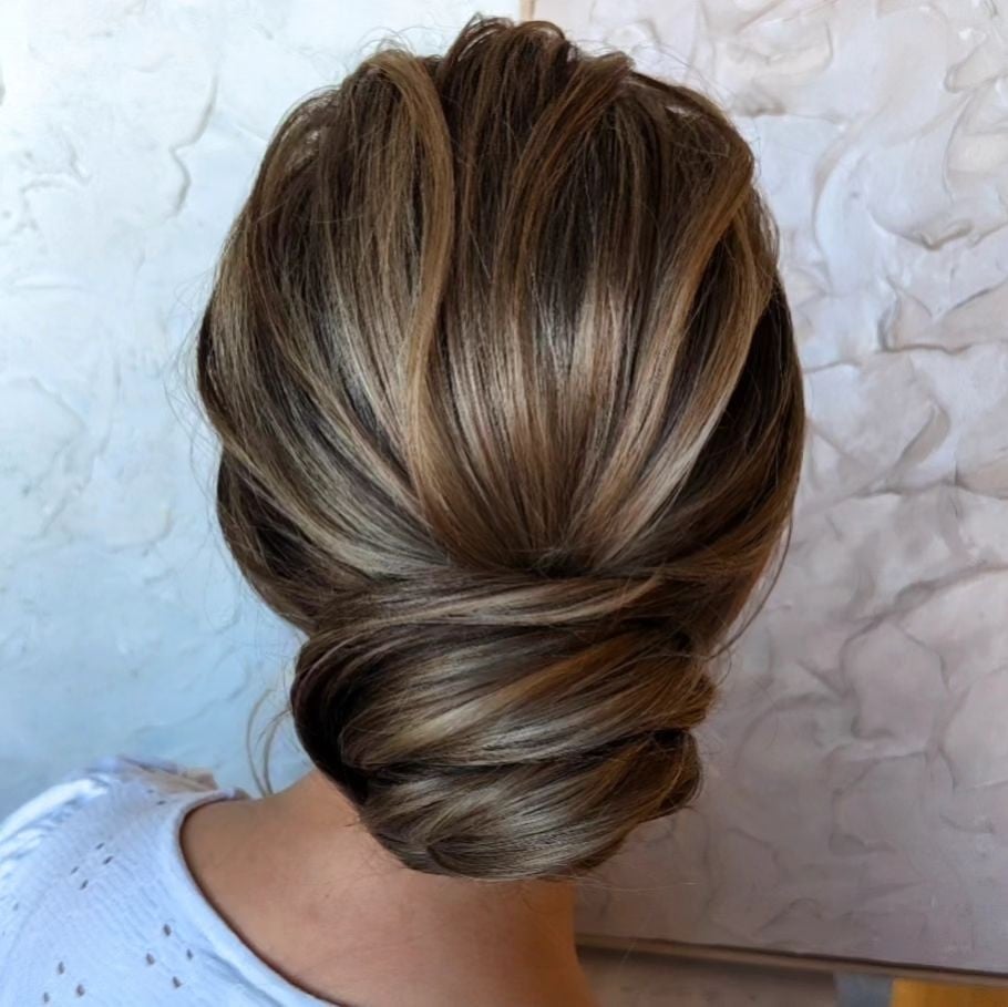 Sleek Low Chignon With Brown Highlights Sleek Low Chignon With Brown Highlights — Classy Casual Updo