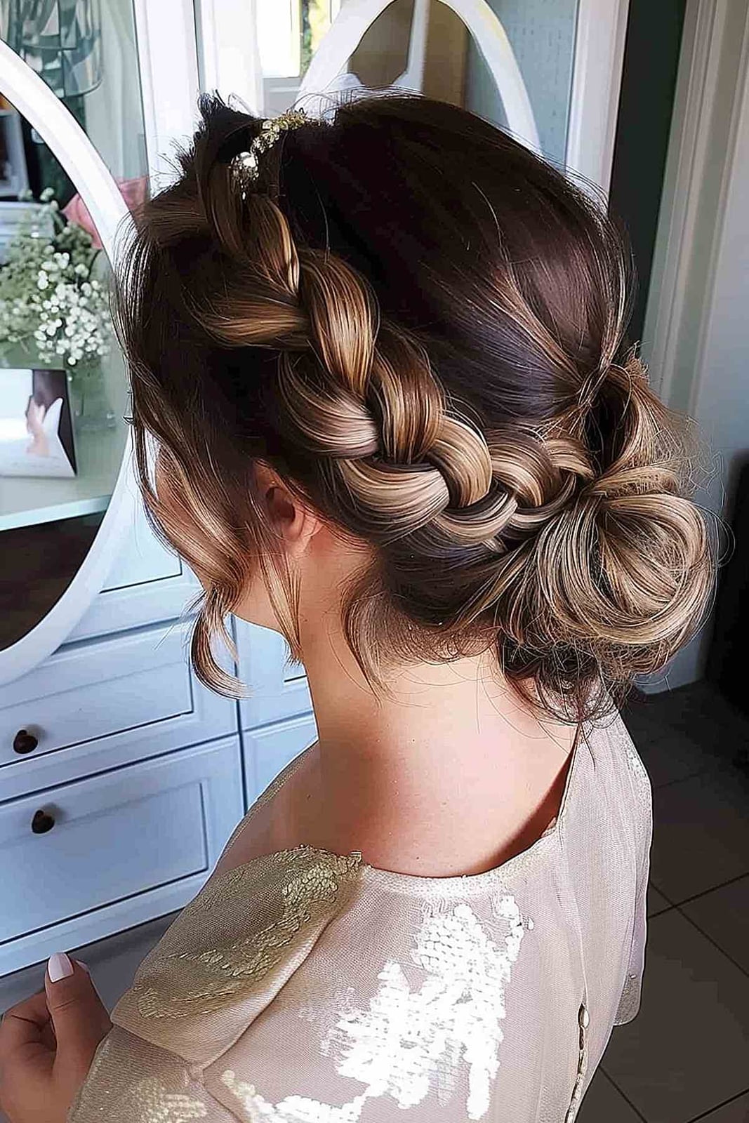 Braided Crown Updo With Curtain Bangs Braided Crown Updo With Curtain Bangs — Classy Casual Updo