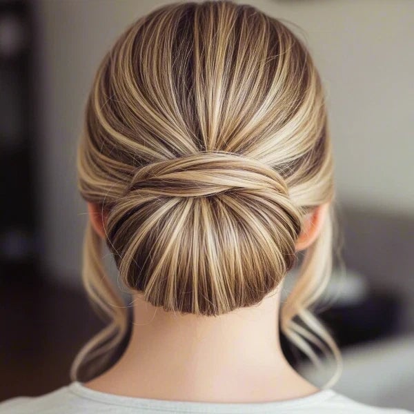 Low Bun With Intricate Braided Detail On Fine Blonde, Medium Low Bun With Intricate Braided Detail On Fine Blonde, Medium — Classy Casual Updo